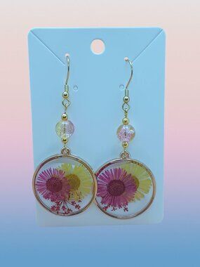 Pressed Flower Pink Yellow Red Resin Dangle Earrings